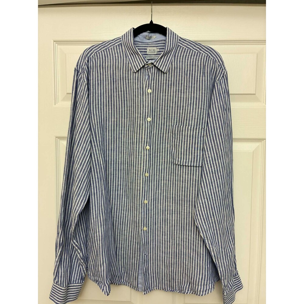 RCH Richards Men's Blue White Striped Linen Shirt Long Sleeve (pit to pit 27")